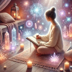billede af person der sidder på et tæppe på gulvet og skriver i en journal, omgivet af krystaller