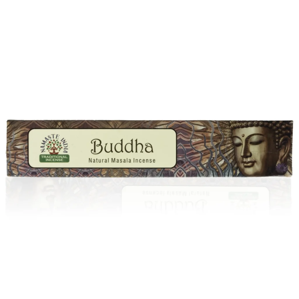Buddha røgelsespinde fra Namaste i brun emballage med et billede af Buddha i fokus.