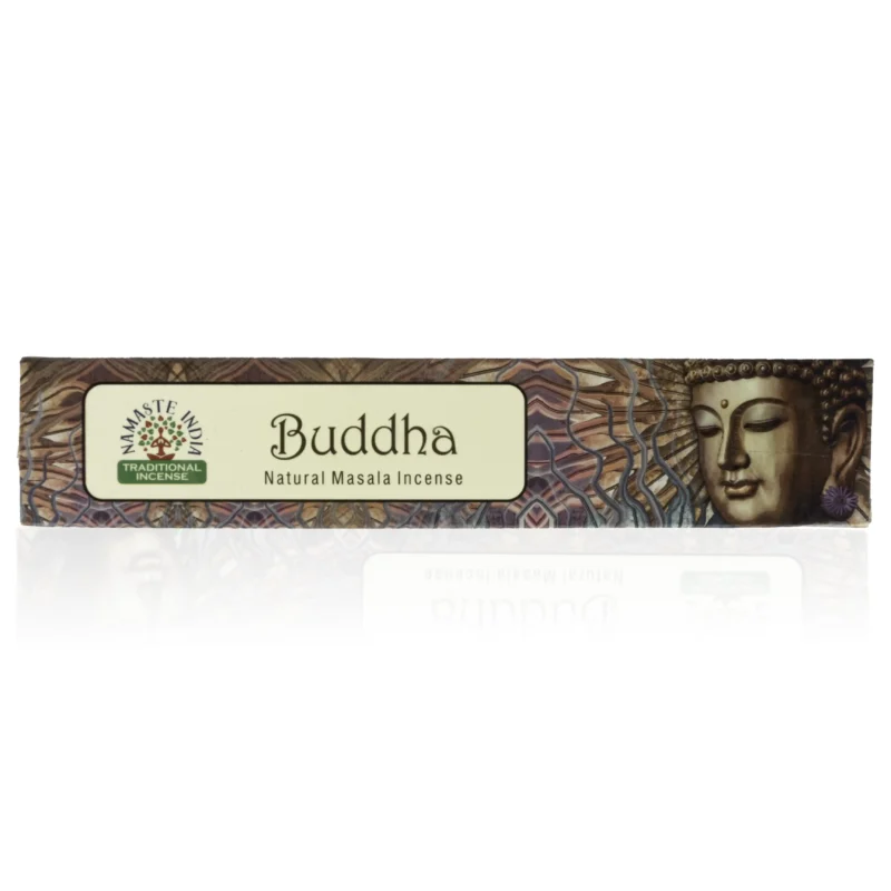 Buddha røgelsespinde fra Namaste i brun emballage med et billede af Buddha i fokus.