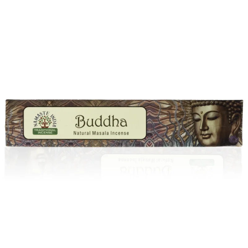Buddha røgelsespinde fra Namaste i brun emballage med et billede af Buddha i fokus.
