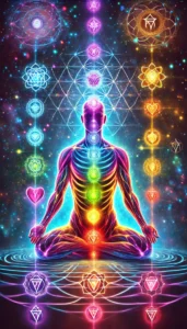 et billede hvor de 7 chakra punkter er markeret på menneskekroppen