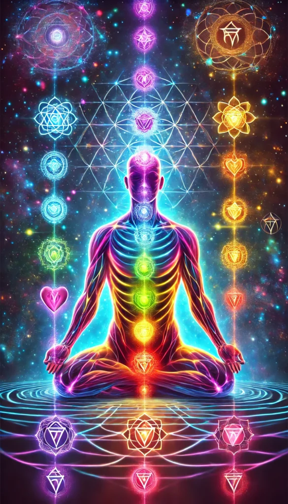 et billede hvor de 7 chakra punkter er markeret på menneskekroppen