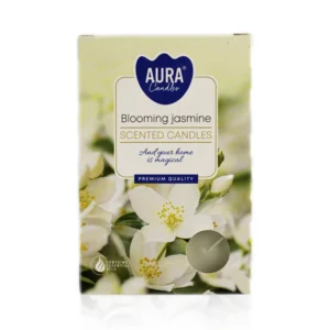 Blooming Jasmine duft fyrfadslys i pap emballage med hvide jasmin blomster påtrykt