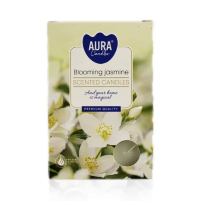 Blooming Jasmine duft fyrfadslys i pap emballage med hvide jasmin blomster påtrykt