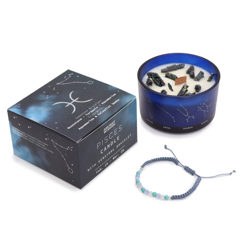 Sæt med krystal duftlys og krystal armbånd specielt til Fiskens stjernetegn