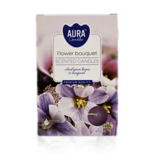 Flower Bouquet duft fyrfadslys i pap emballage med lyselilla og lyserøde blomster påtrykt