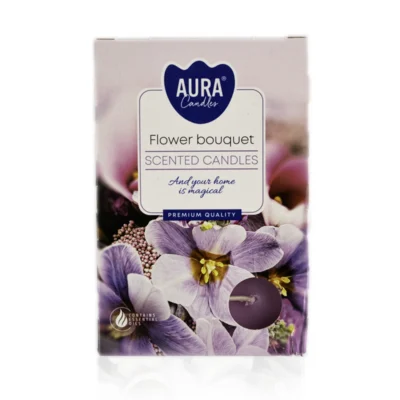 Flower Bouquet duft fyrfadslys i pap emballage med lyselilla og lyserøde blomster påtrykt