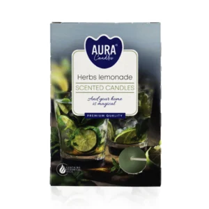 Herb Lemonade duft fyrfadslys i pap emballage med 2 glas af vand med urter og lime i skiver