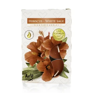 Hibiscus White Sage duft fyrfadslys I pap emballage med hibiscus blomster og salvie blade påtrykt