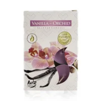Vanilla Orchid duft fyrfadslys med emballage i pap med påtrykt lyserøde orkidéer og vanilje stænger