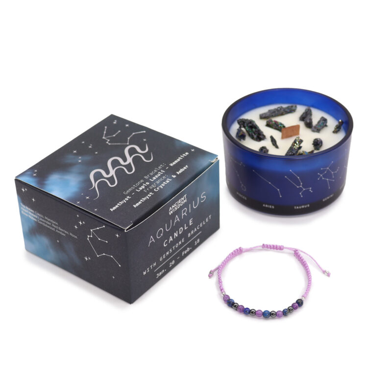 vandmanden krystal duftlys med krystal armbånd liggende ved siden af