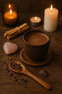 Ceremoniel Kakao stemningsbillede med rosakvarts krystal hjerte ved siden af