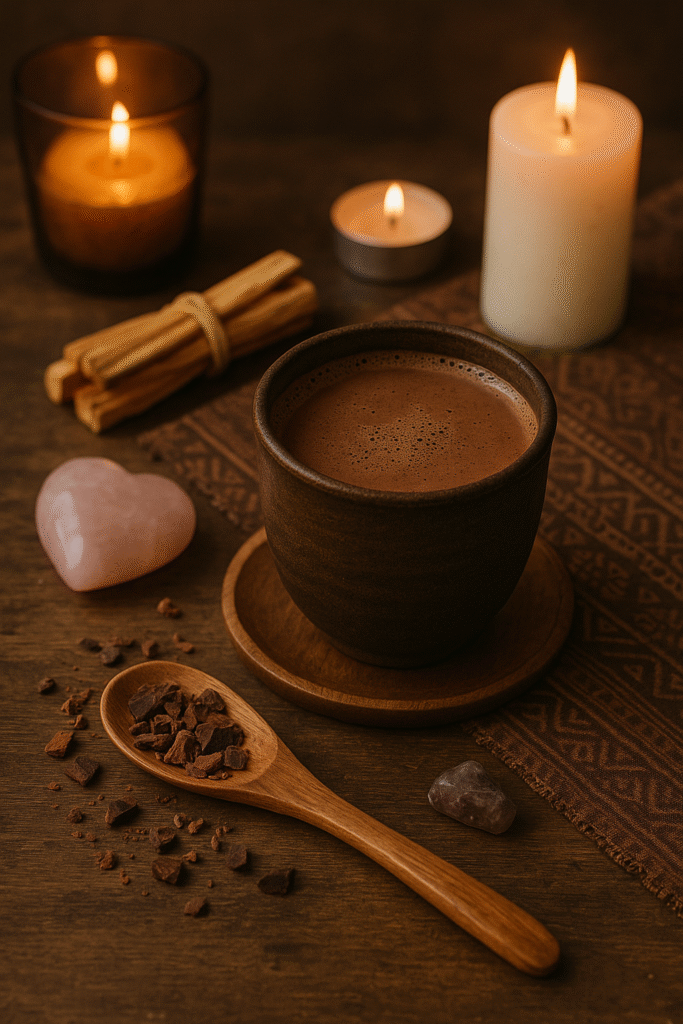 Ceremoniel Kakao stemningsbillede med rosakvarts krystal hjerte ved siden af