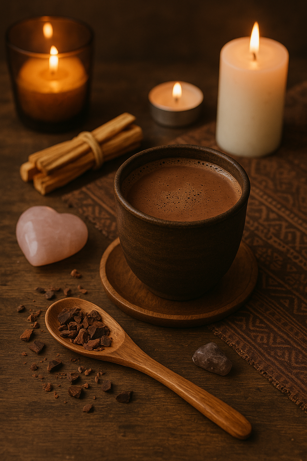 Ceremoniel Kakao stemningsbillede med rosakvarts krystal hjerte ved siden af