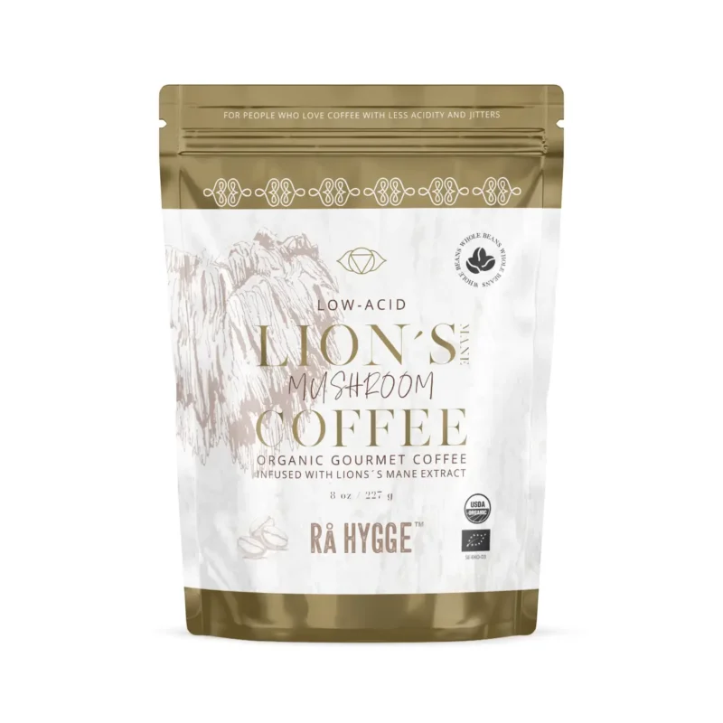 lions mane kaffe bønner I plast pose med grøn-brunt design