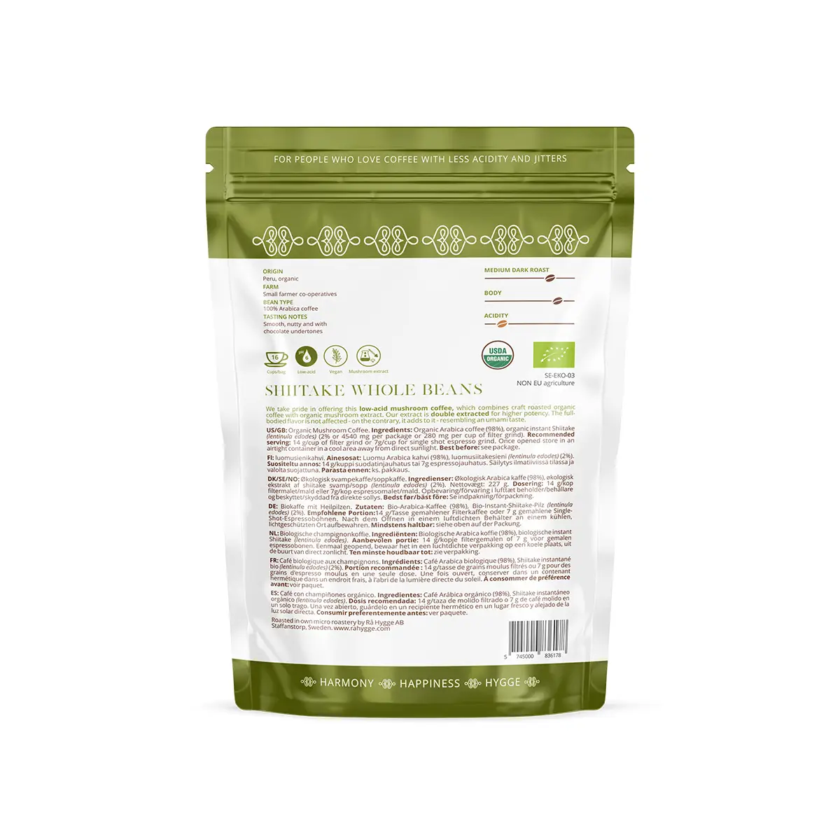 shiitake filtermalet kaffe bagsiden af posen