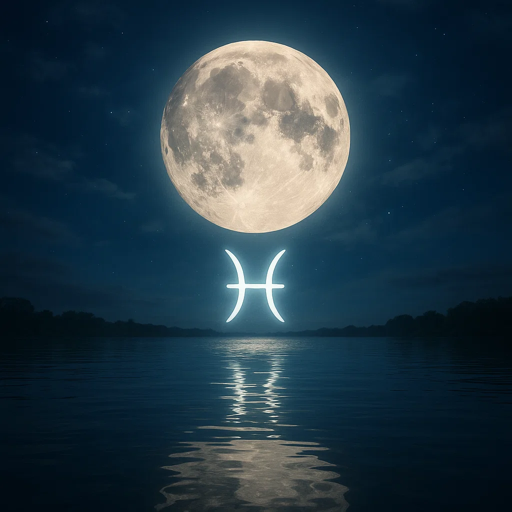 Billede af en fuldmåne over havet med et lysene Fiskenes stjernetegn symbol mellem månen og havet.