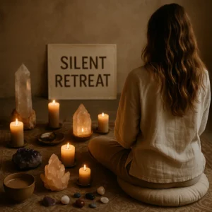 silent retreat billede af brunhåret kvinde der mediterer på en pude med stearinlys varm kakao og krystaller ved siden af