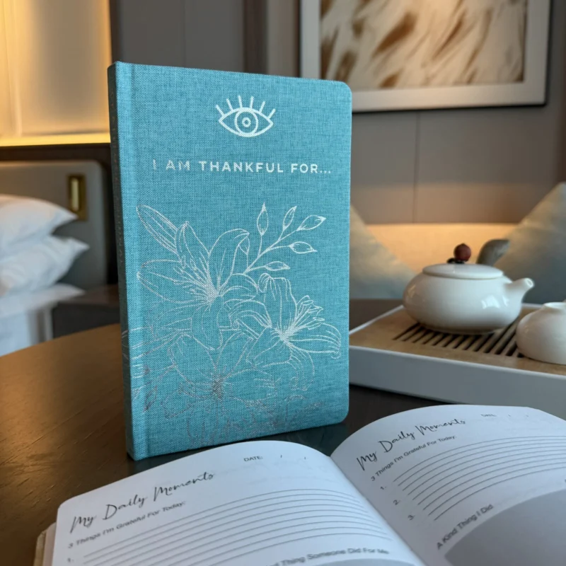 I Am Thankful For taknemmelighedsdagbog i blå og sølv