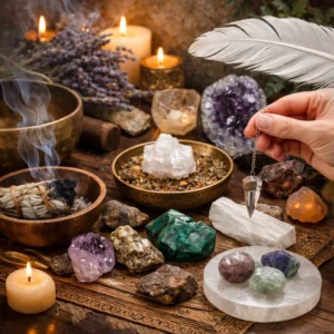 bord med krystaller på