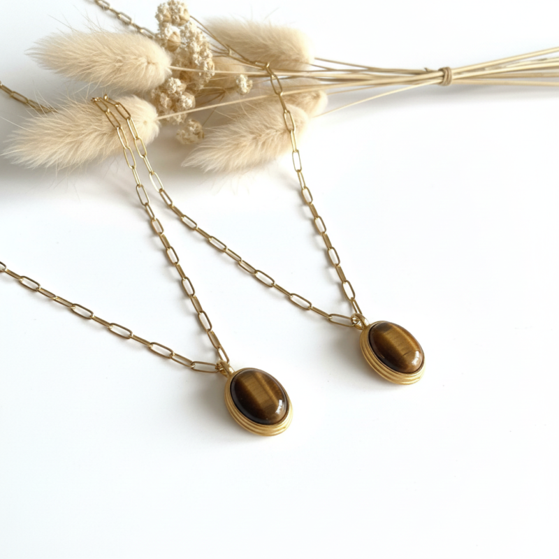 Tigerøje Kæde | Halskæde | Ca. 40 cm. | Rustfrit Stål | 18K Guld