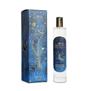 smudge spray I gennemsigtig flaske med blå etiket