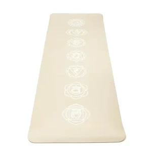 beige chakra yogamåtte med hvidt print
