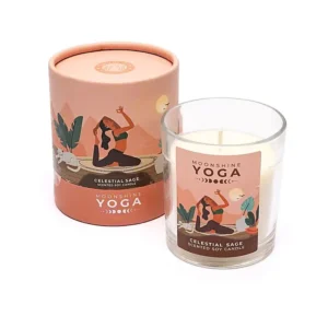 beige og lyserød æske og etiket med yoga kvinde på